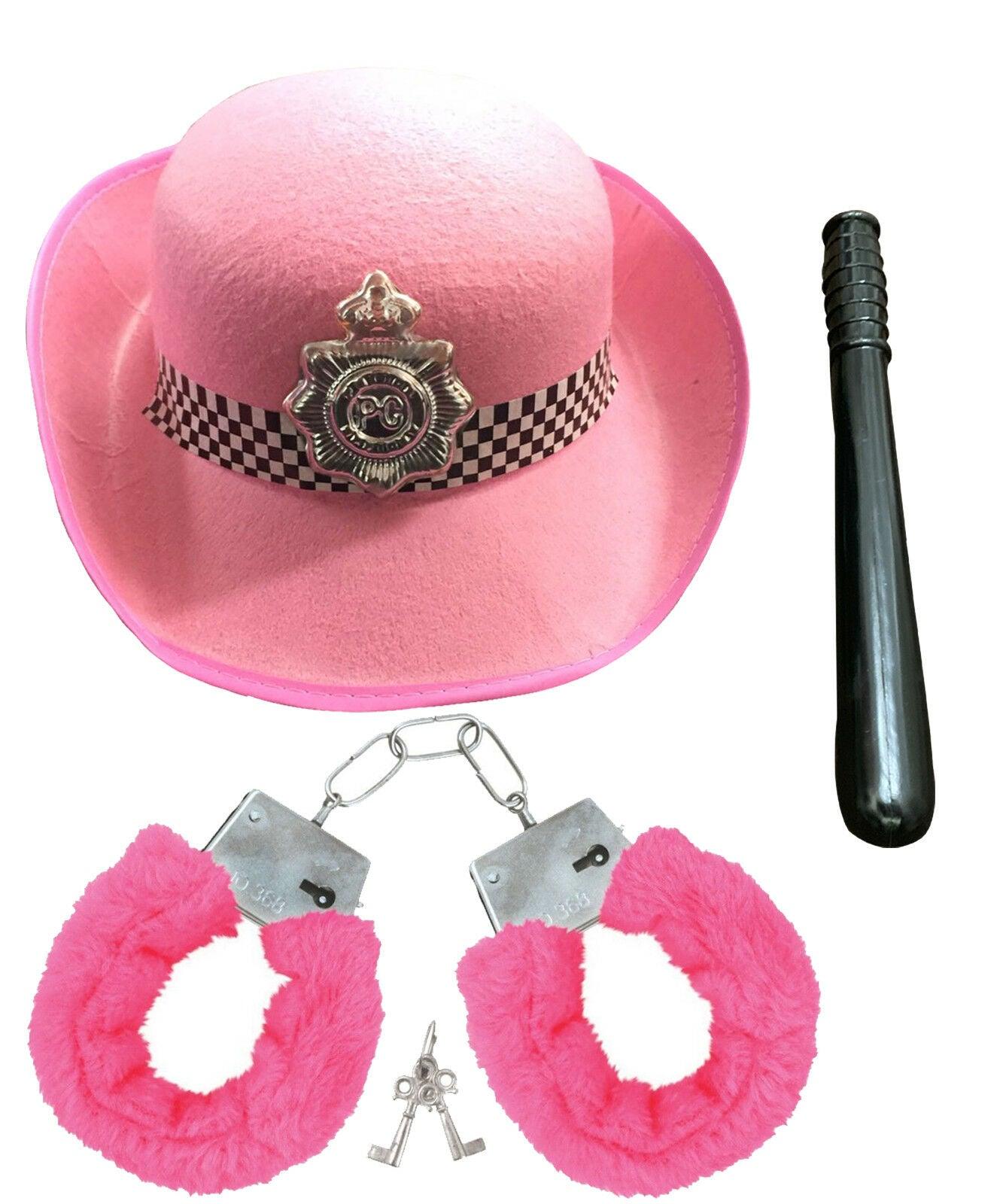 Ladies Police Constable Pink Hat Handcuffs Truncheon Hen Night Fancy Dress - Labreeze