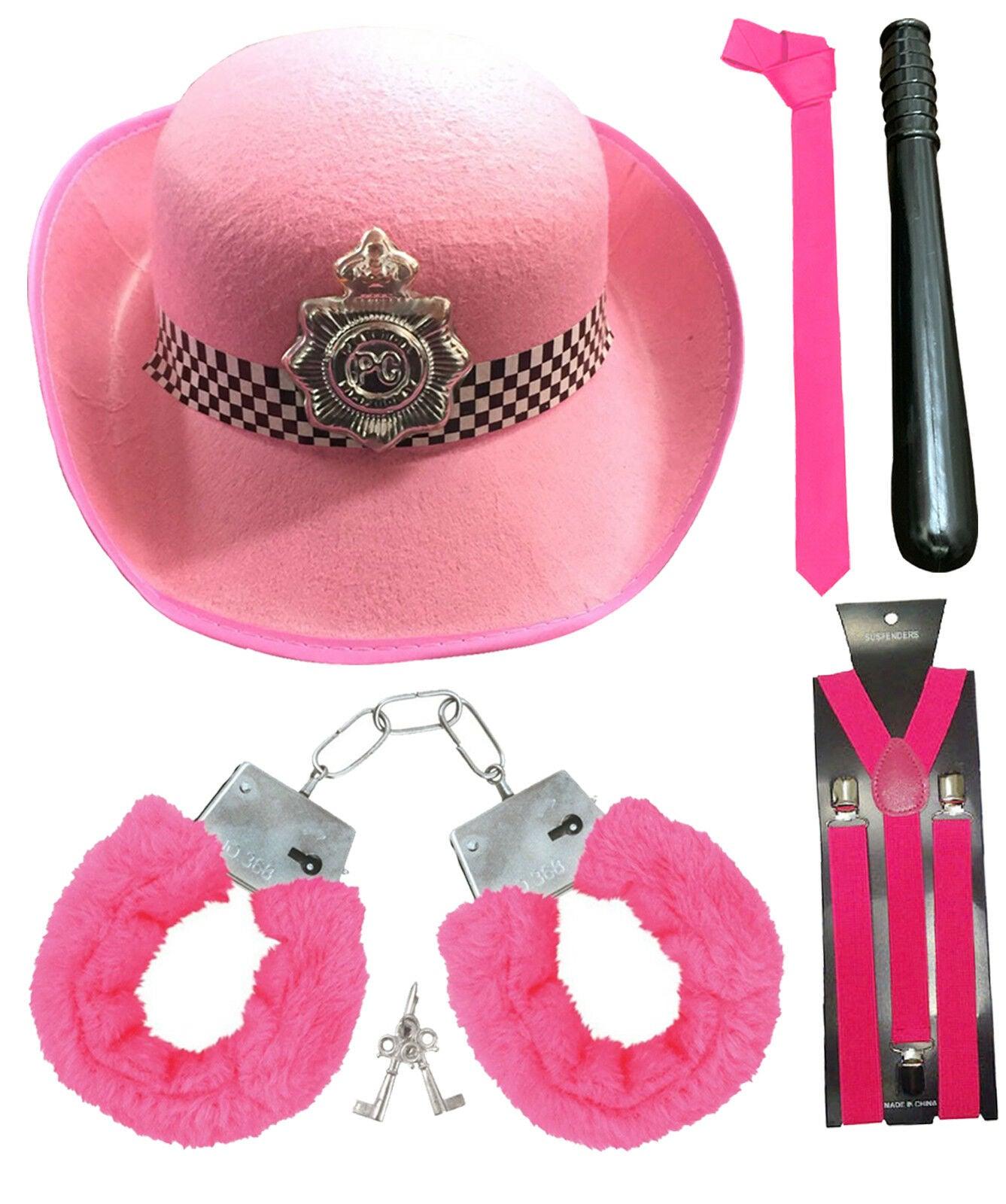 Ladies Police Constable Pink Hat Tie Cuff Braces Truncheon Hen Night Fancy Dress - Labreeze
