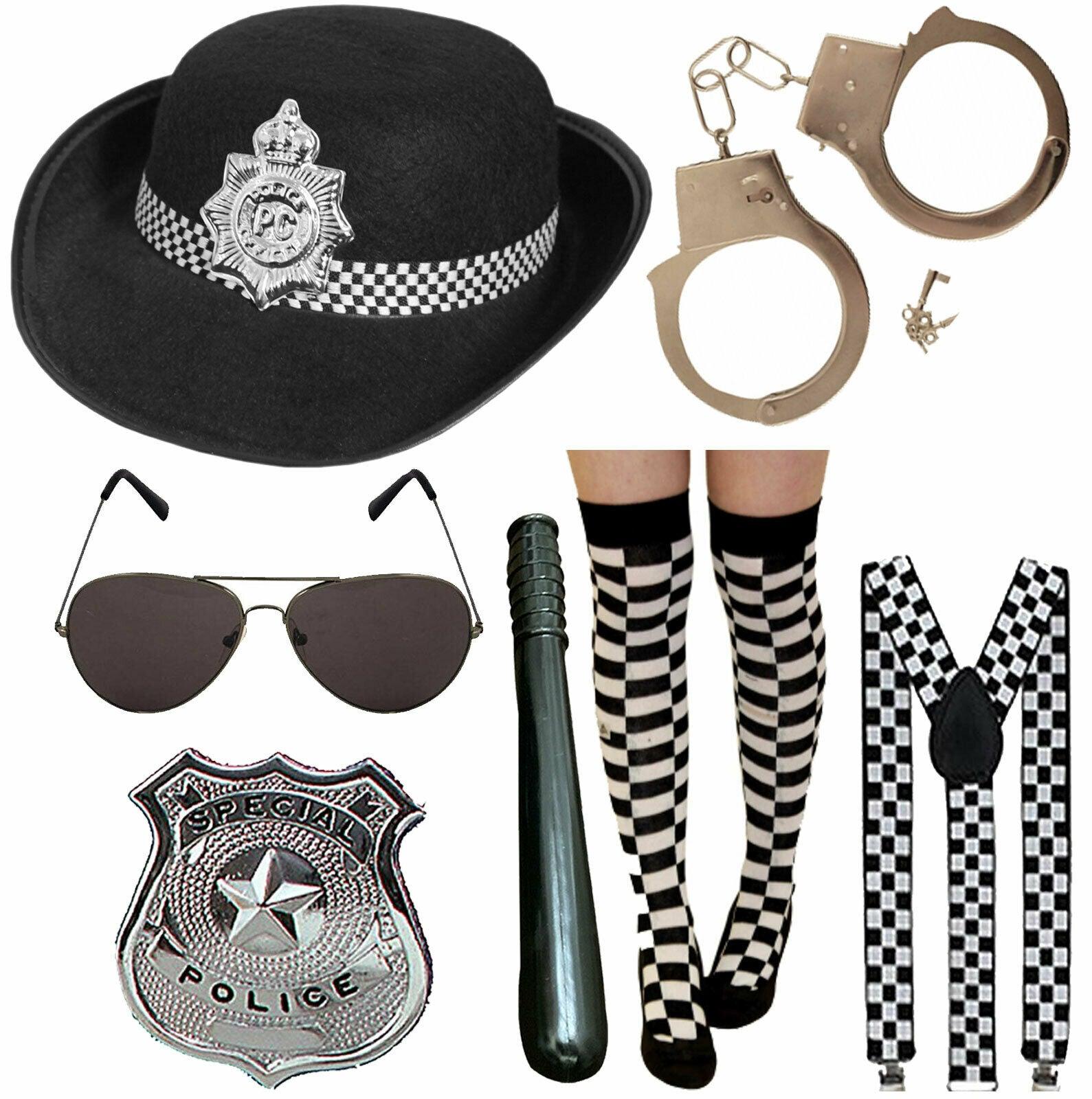Ladies Police Cop Hat Braces Badge Truncheon Sunglasses Cuffs Socks 5 Pcs Set - Labreeze