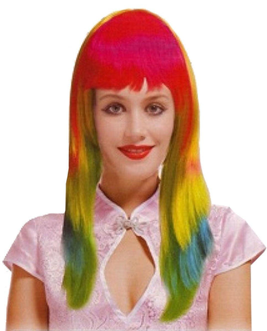 Ladies Rainbow Neon Fringe Layered Wig Straight Hair Womens Fancy Dress Wig - Labreeze
