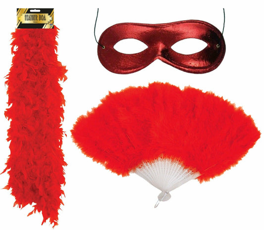Ladies Red Feather Boa Fan Domino Eye Mask Hen Stag Do Fancy Dress 3 Pc Set - Labreeze