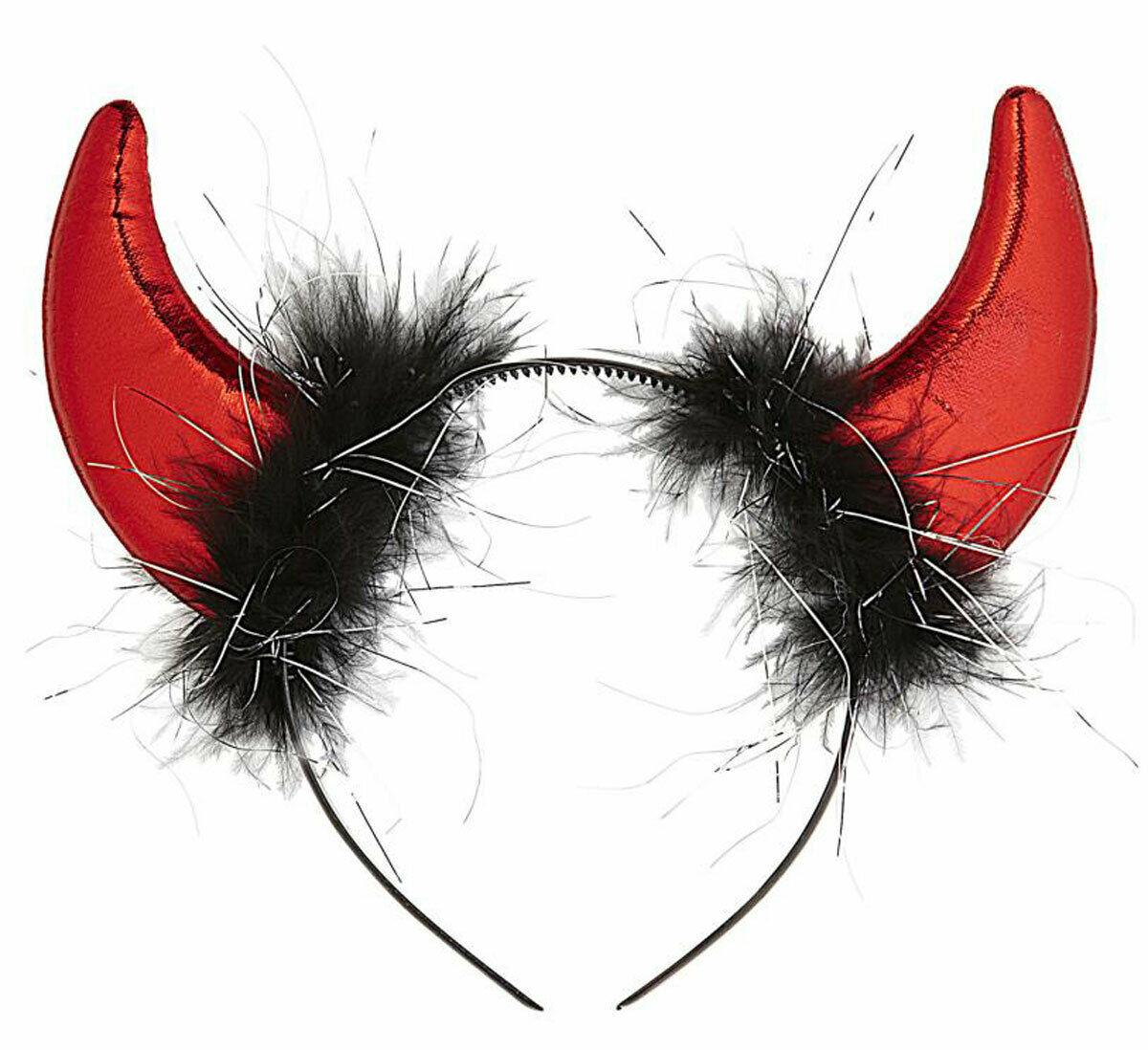 Ladies Red Metallic Devil Horns with Marabou & Tinsel Halloween Party Headband - Labreeze