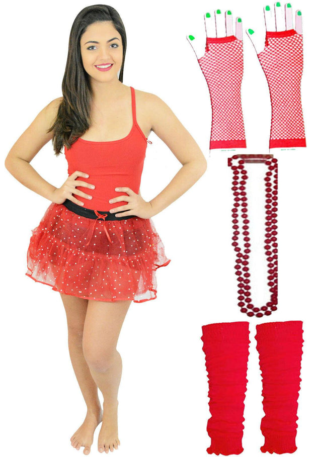 Ladies Red Sequin Tutu Skirt Beads Legwarmer Gloves Vest 1980’s Hen Night Party - Labreeze