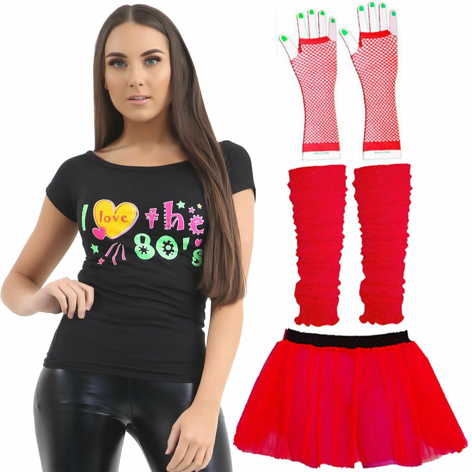 Ladies Red Tutu T-shirt Gloves Leg Warmers 80’s Hen Night Neon Festival Costume - Labreeze