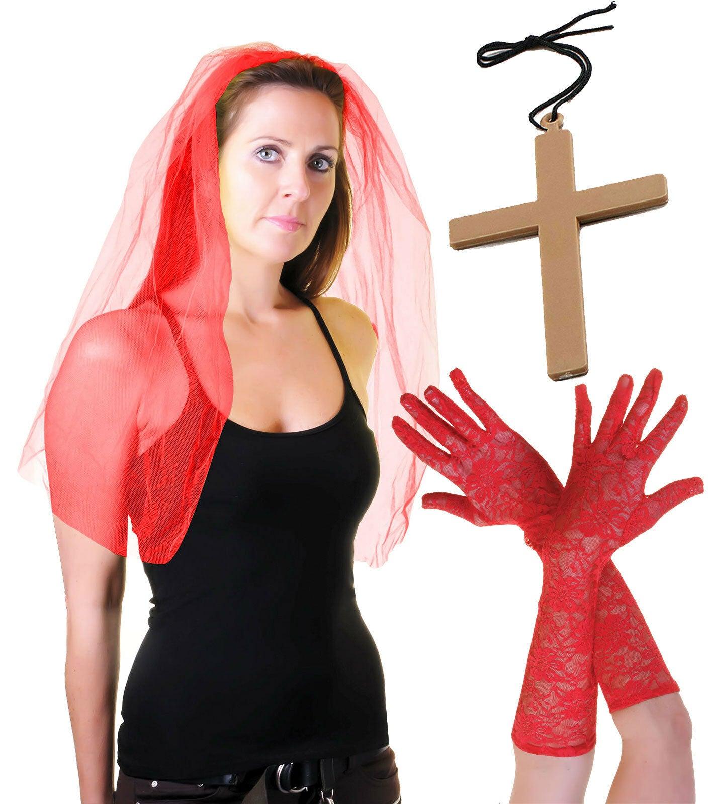 Ladies Red Veil on Hair Band Long Lace Gloves Monk Cross Prom Fancy Dress - Labreeze