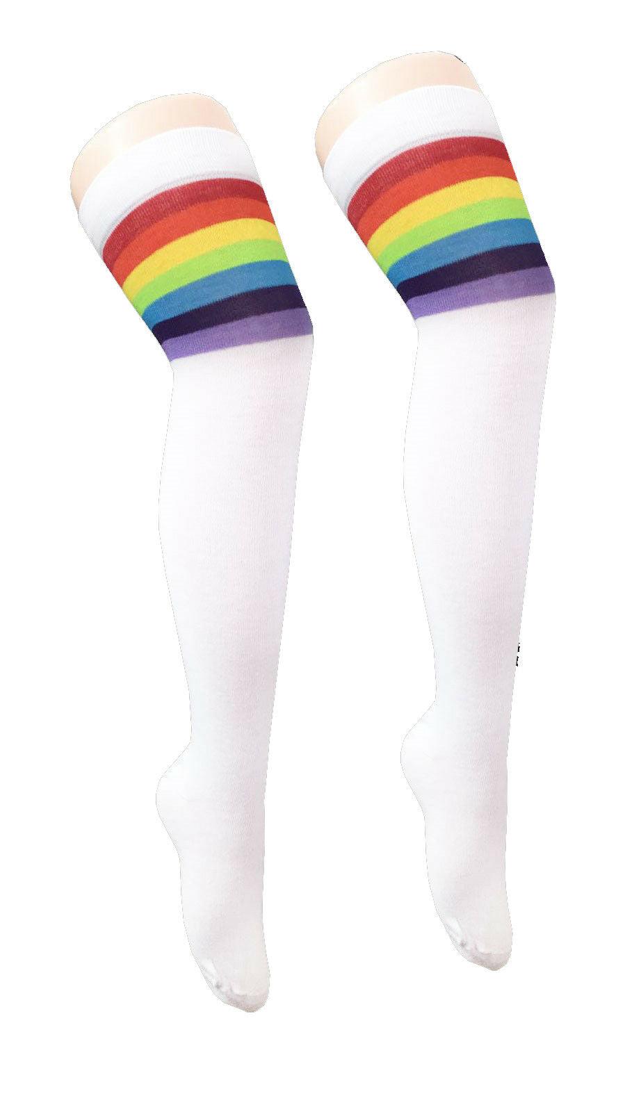 Ladies Referee White and Rainbow Thigh High Girls Stretchy Over the Knee Socks - Labreeze