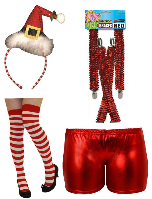 Ladies Santa Headband Socks Metallic Shorts Sequin Braces Xmas Fancy Dress - Labreeze