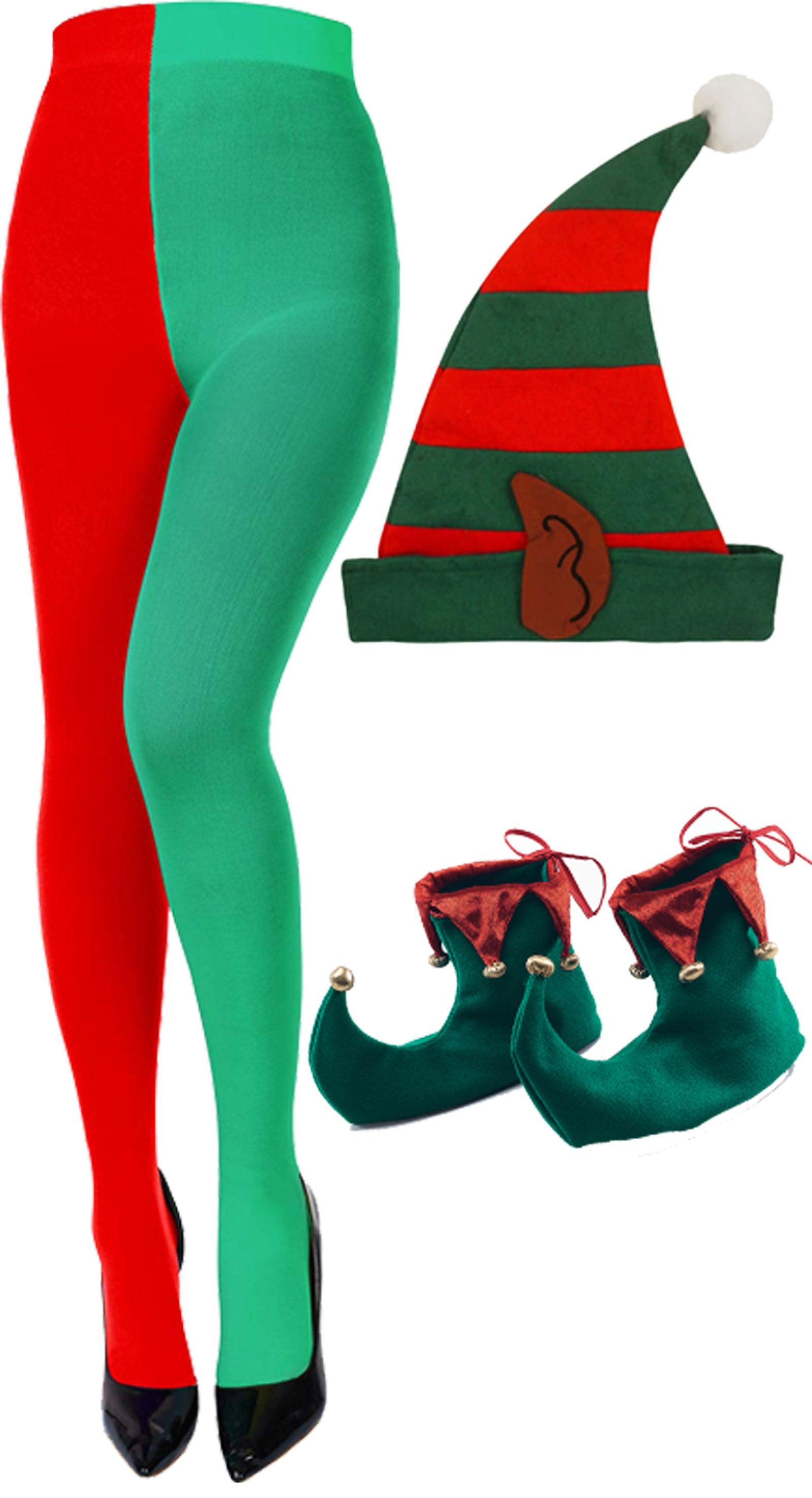 Ladies Santa Helper Elf Hat Tights Scarf Pixie Shoes Christmas Fancy Dress - Labreeze