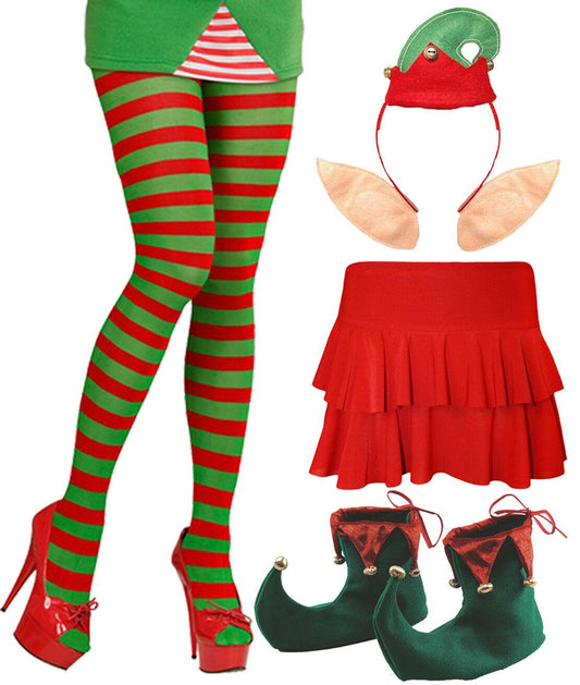 Ladies Santa Helper Elf Tights Rara Skirt Shoes Headbopper Xmas Fancy Dress - Labreeze