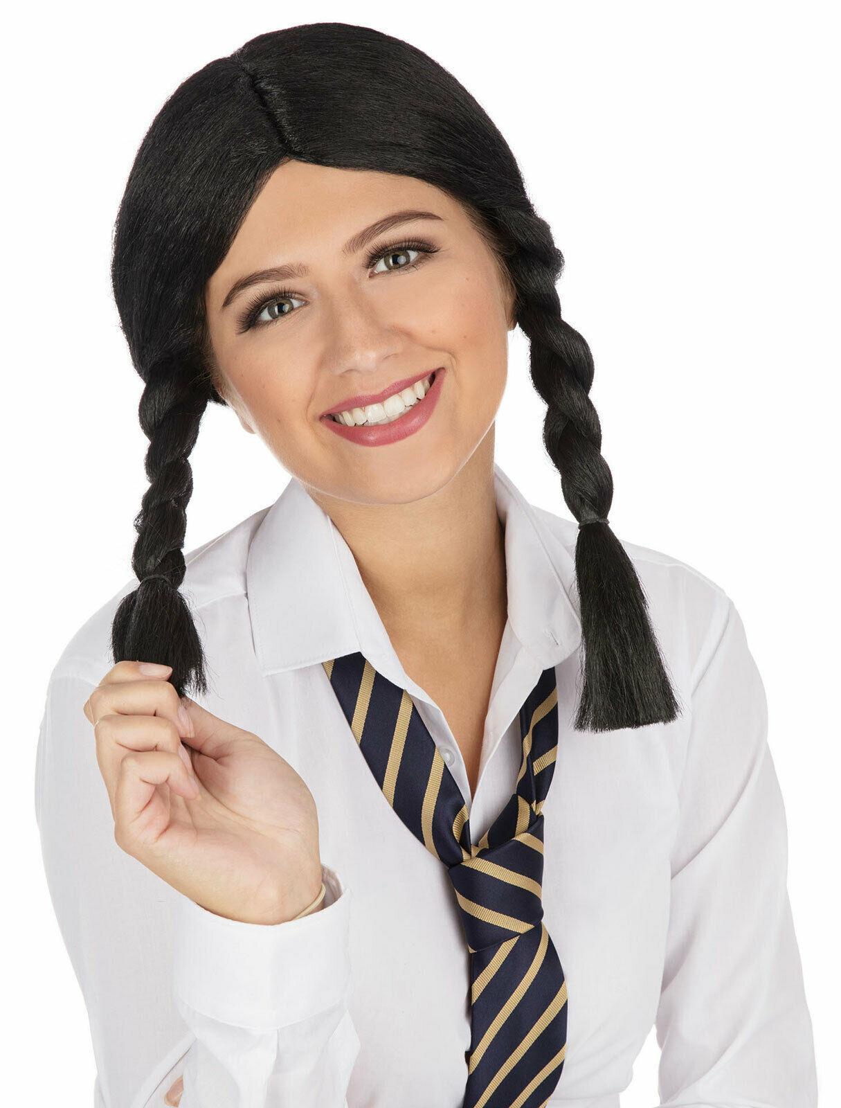 Ladies School Girl Wig Black Plaits Dorothy Halloween Fancy Dress Accessory - Labreeze