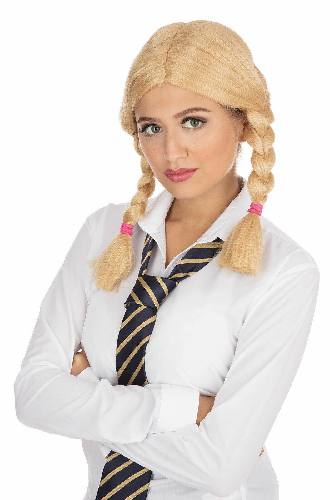 Ladies School Girl Wig Blonde Plaits Halloween Horror Fancy Dress Accessory - Labreeze