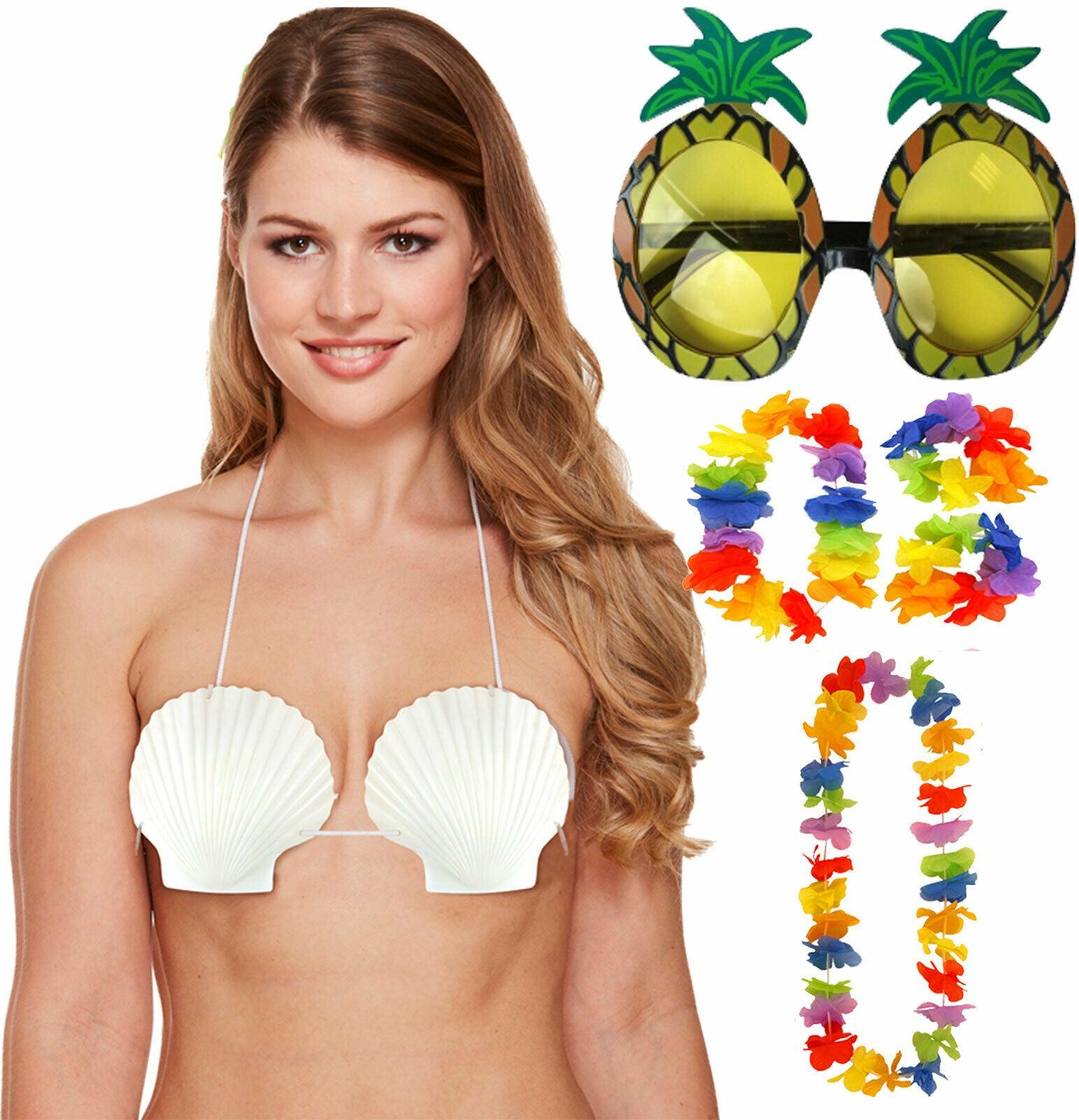 Ladies Sea Shell Bra 4 Pc Lei Pineapple Glasses Hawaiian Hula Beach Party Set - Labreeze