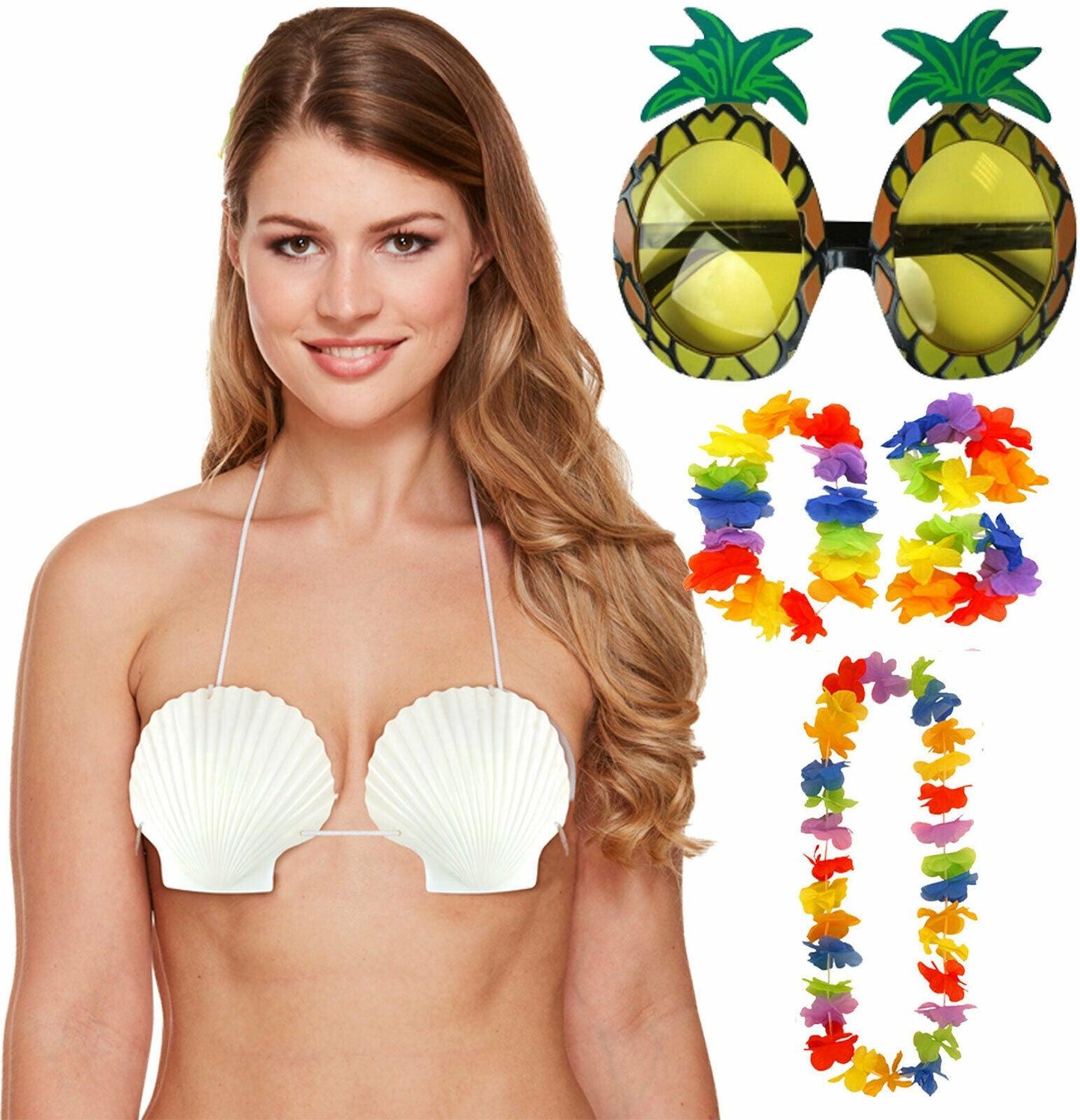Ladies Sea Shell Bra 4 Pc Lei Pineapple Glasses Hawaiian Hula Beach Party Set - Labreeze