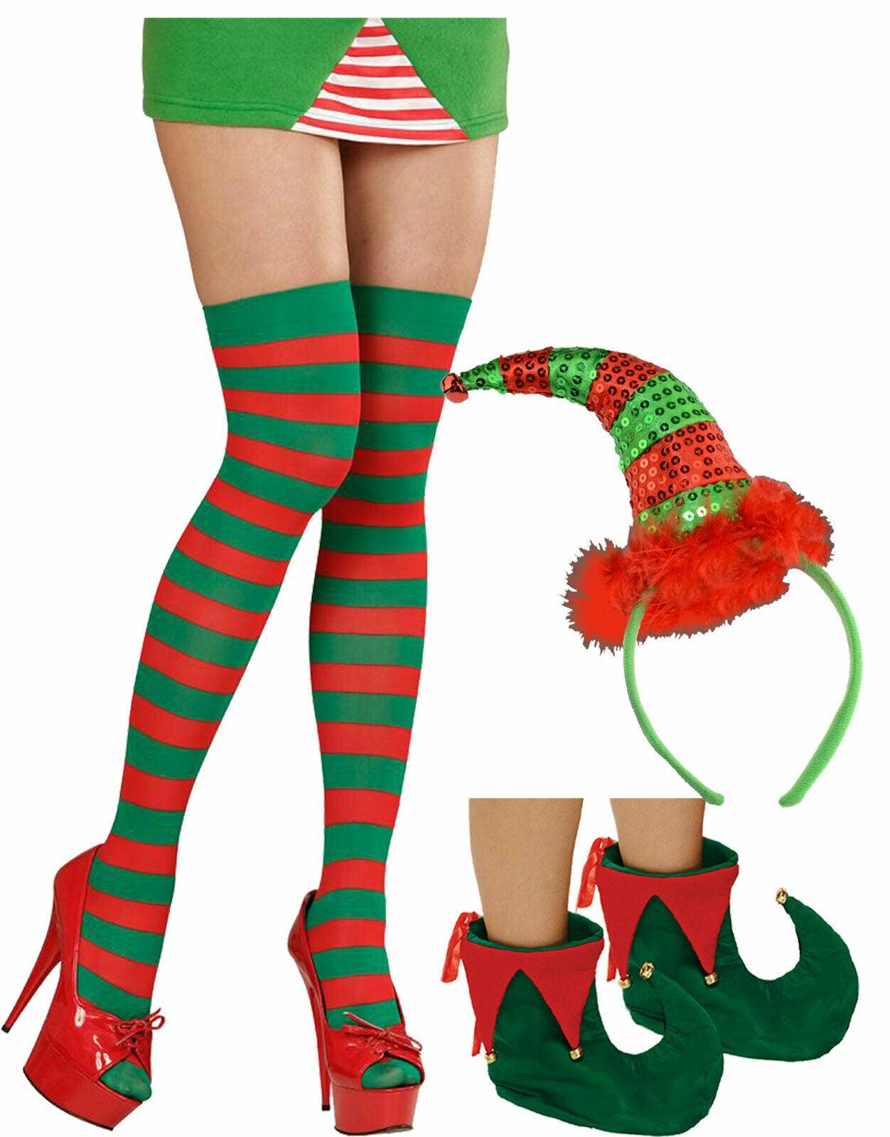 Ladies Sequin Elf Headband Stripy Socks Shoes Christmas Xmas Fancy Dress - Labreeze