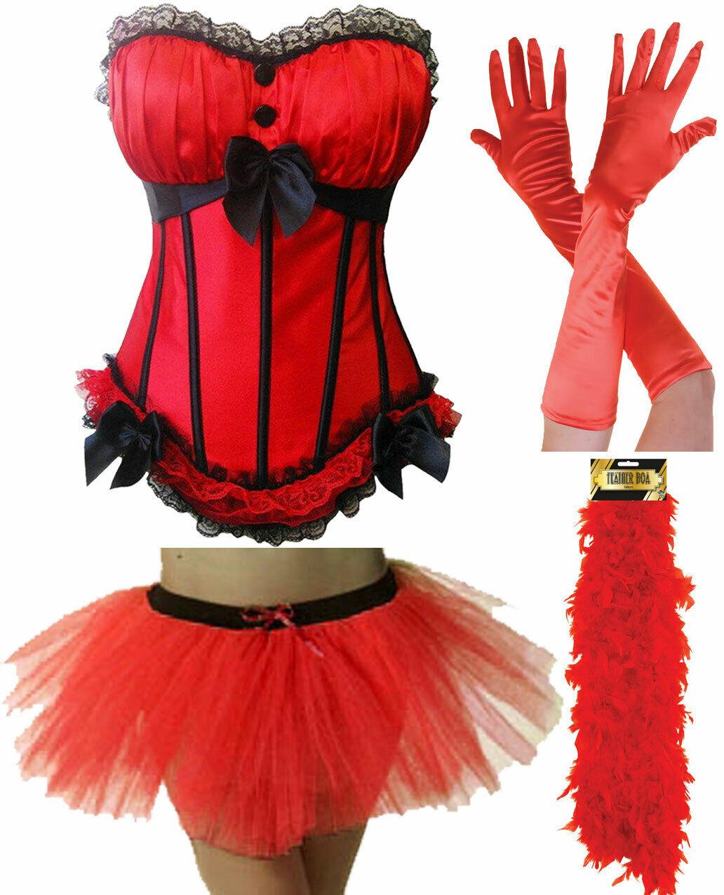 Ladies Sexy Hot Red Bow Lace Corset Tutu Gloves Boa Halloween Devil Fancy Dress - Labreeze
