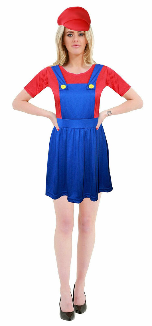Ladies Super Mario Plumber Bro Fancy Dress Women 90s Fancy Dress Outfit - Labreeze