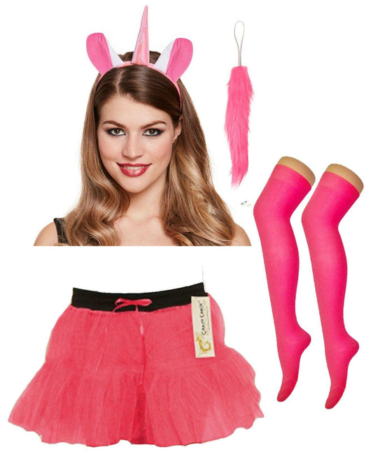 Ladies Unicorn Pink Headband with Ears Tail Tutu Socks Hen Night Fancy Dress - Labreeze