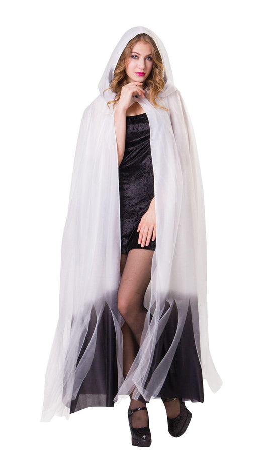 Ladies White & Black Ombre Hooded Cape Halloween Horror Fancy Dress - Labreeze