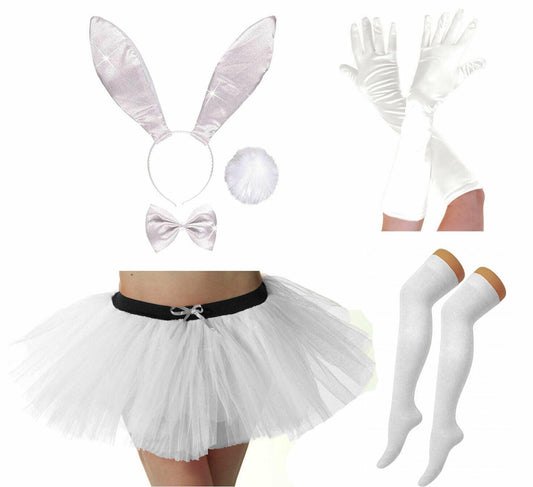 Ladies White Glitter Bunny Set Tutu Socks Gloves Hen Night Party Outfit - Labreeze