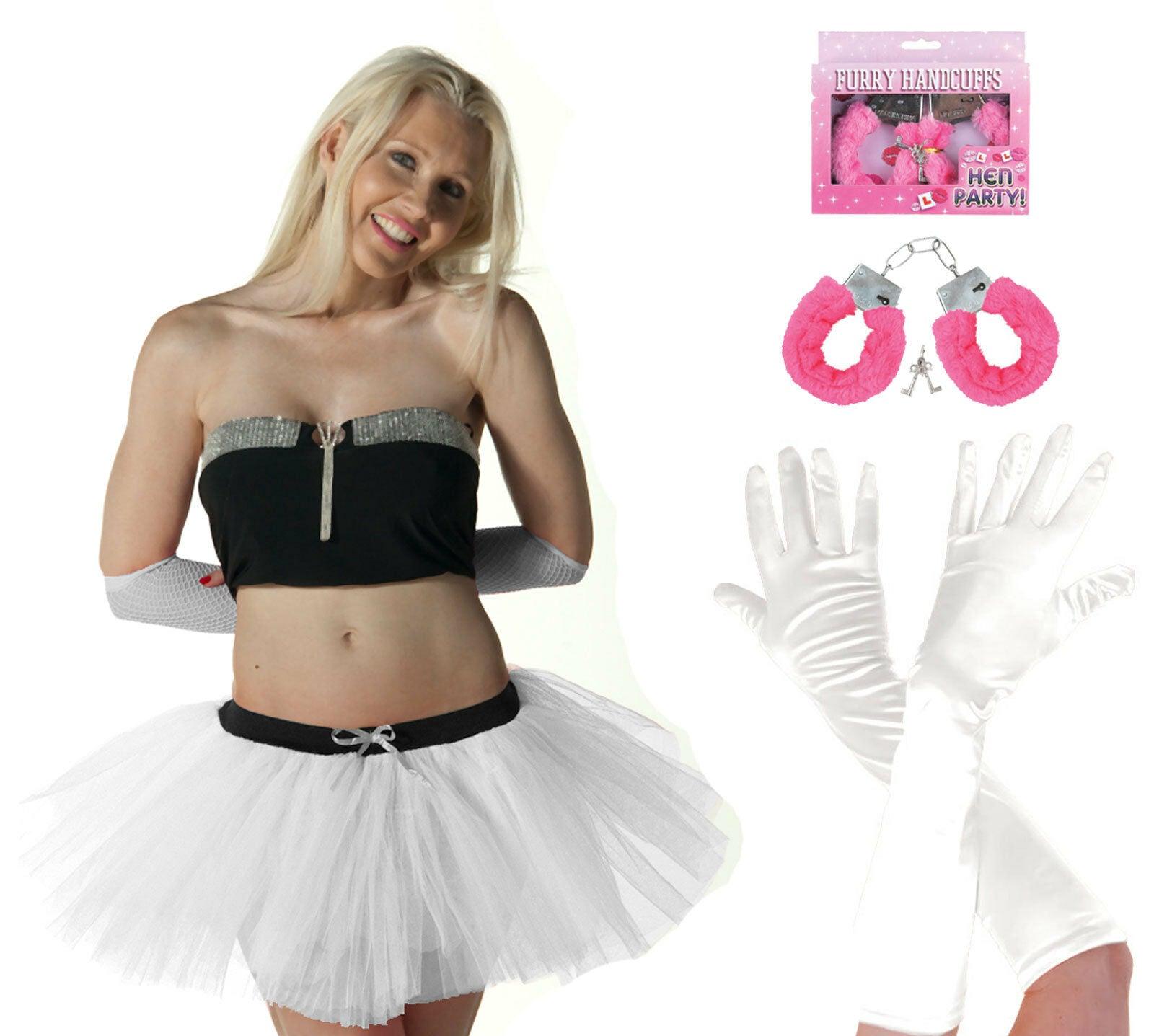 Ladies White Tutu Skirt Satin Gloves Fur Handcuffs Hen Stag Fancy Dress Costume - Labreeze