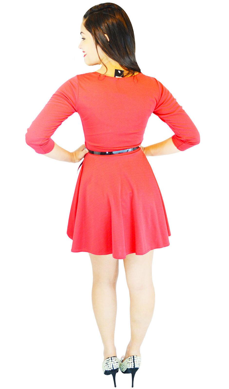 Ladies Women's Pleated Coral Flared Scoop Neck Party Dress 3/4 Sleeves With Belt - Labreeze