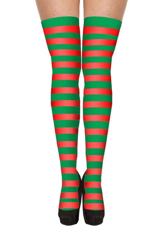 Ladies Women’s Red Green Hold up Striped Stocking Christmas Elf Stockings - Labreeze