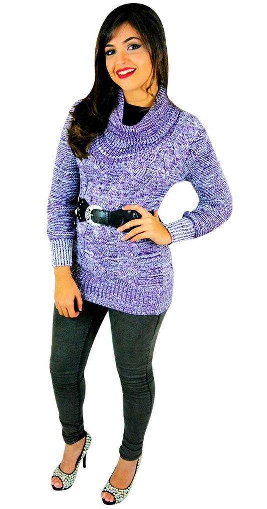 Ladies Womens Grey Chunky Cable Knitted Belted Polo Neck Jumper Sweater Top - Labreeze