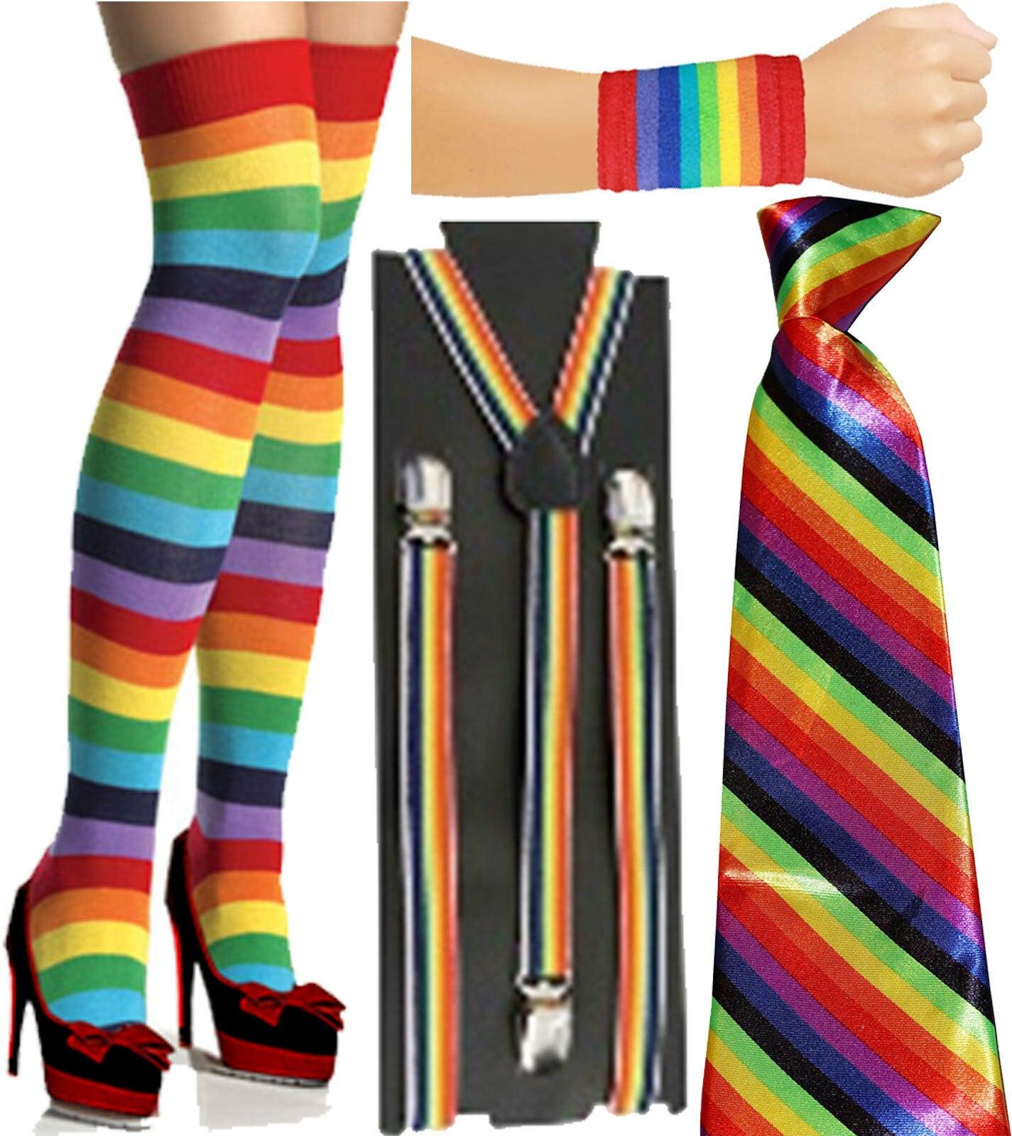 LGBT Gay Pride 1980s Knee Socks Wristband Neck Tie Braces Rainbow Fancy Dress Accessories - Labreeze