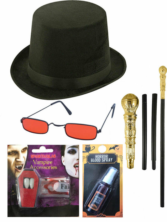 Lincoln Hat Dracula Glasses Gold Cane Fangs Blood Spray Halloween Vampire Set - Labreeze