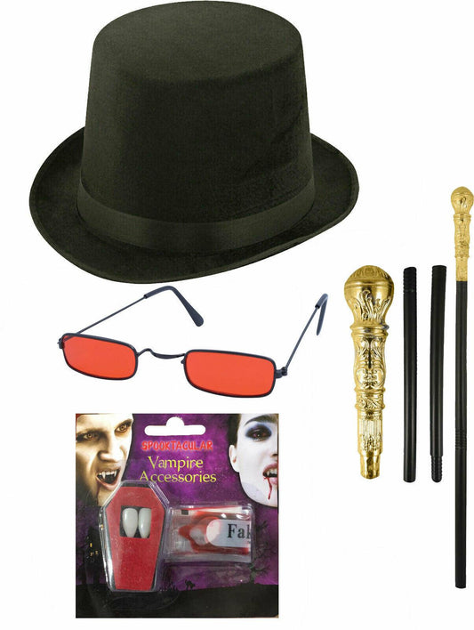 Lincoln Hat Dracula Glasses Gold Cane Fangs Halloween Horror Vampire Set - Labreeze