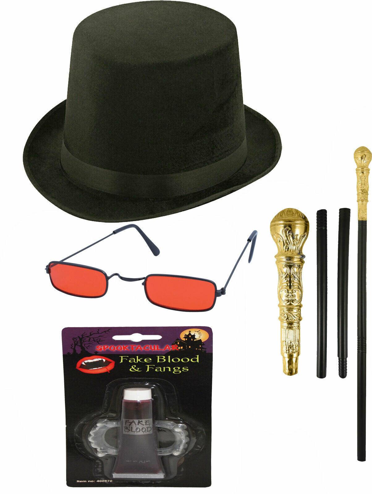Lincoln Hat Dracula Glasses Gold Cane GID Fangs Halloween Horror Vampire Set - Labreeze