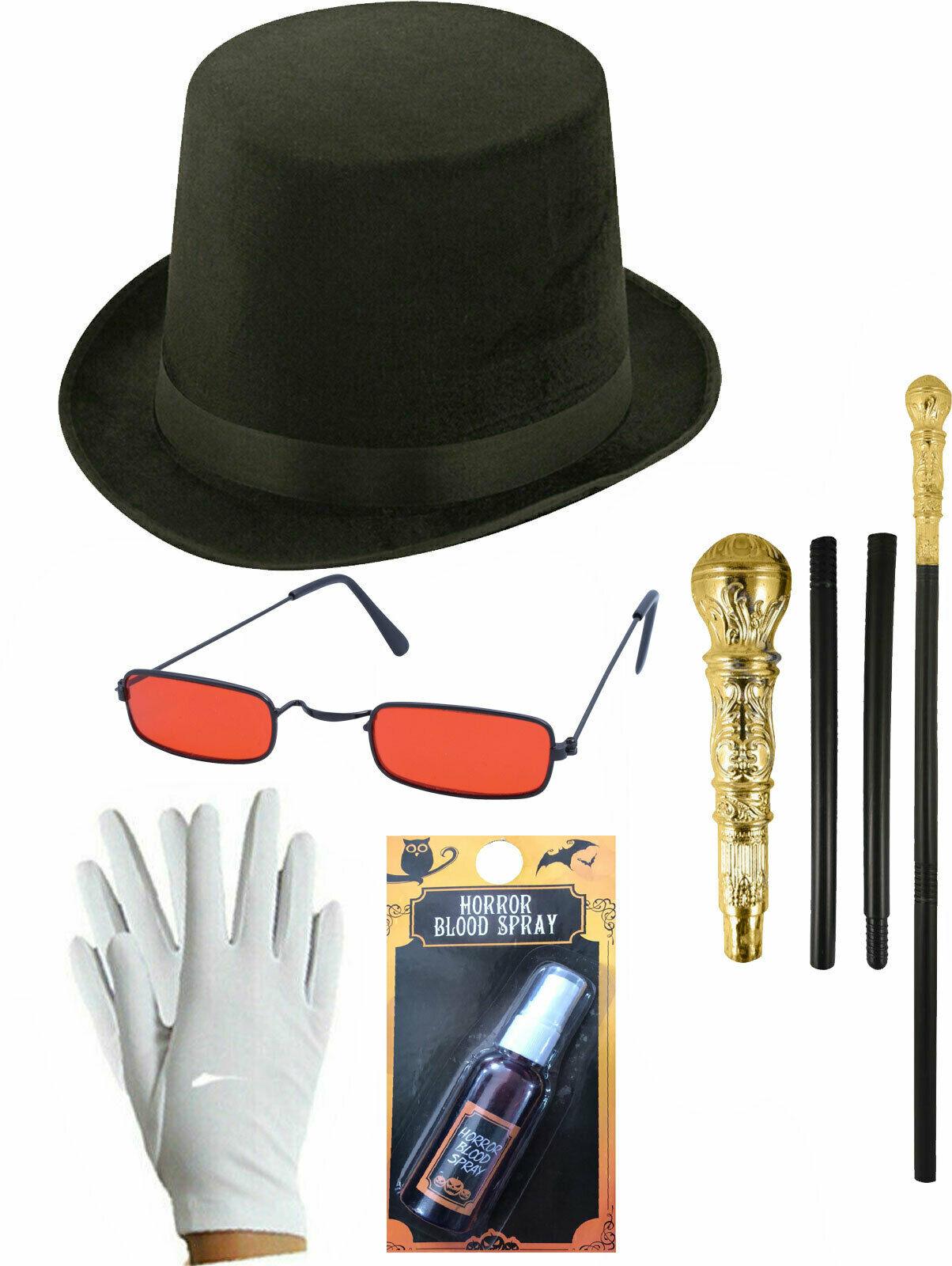 Lincoln Hat Glasses Gold Cane Blood Spray Gloves Halloween Dracula Vampire Kit - Labreeze
