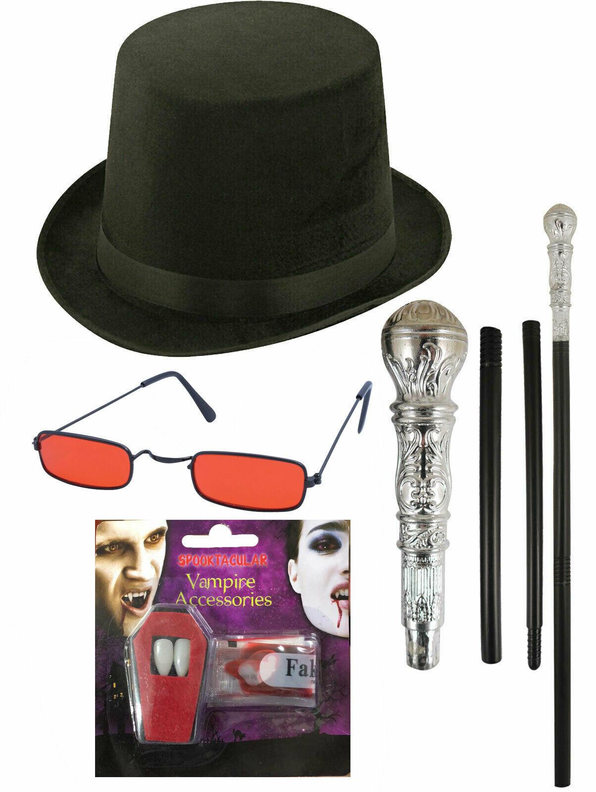 Lincoln Top Hat Dracula Glasses Silver Cane Fangs Halloween Scary Vampire Set - Labreeze