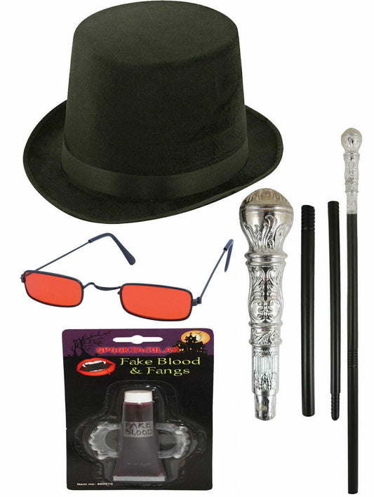 Lincoln Top Hat Dracula Glasses Silver Cane GID Fangs Halloween Vampire Set - Labreeze