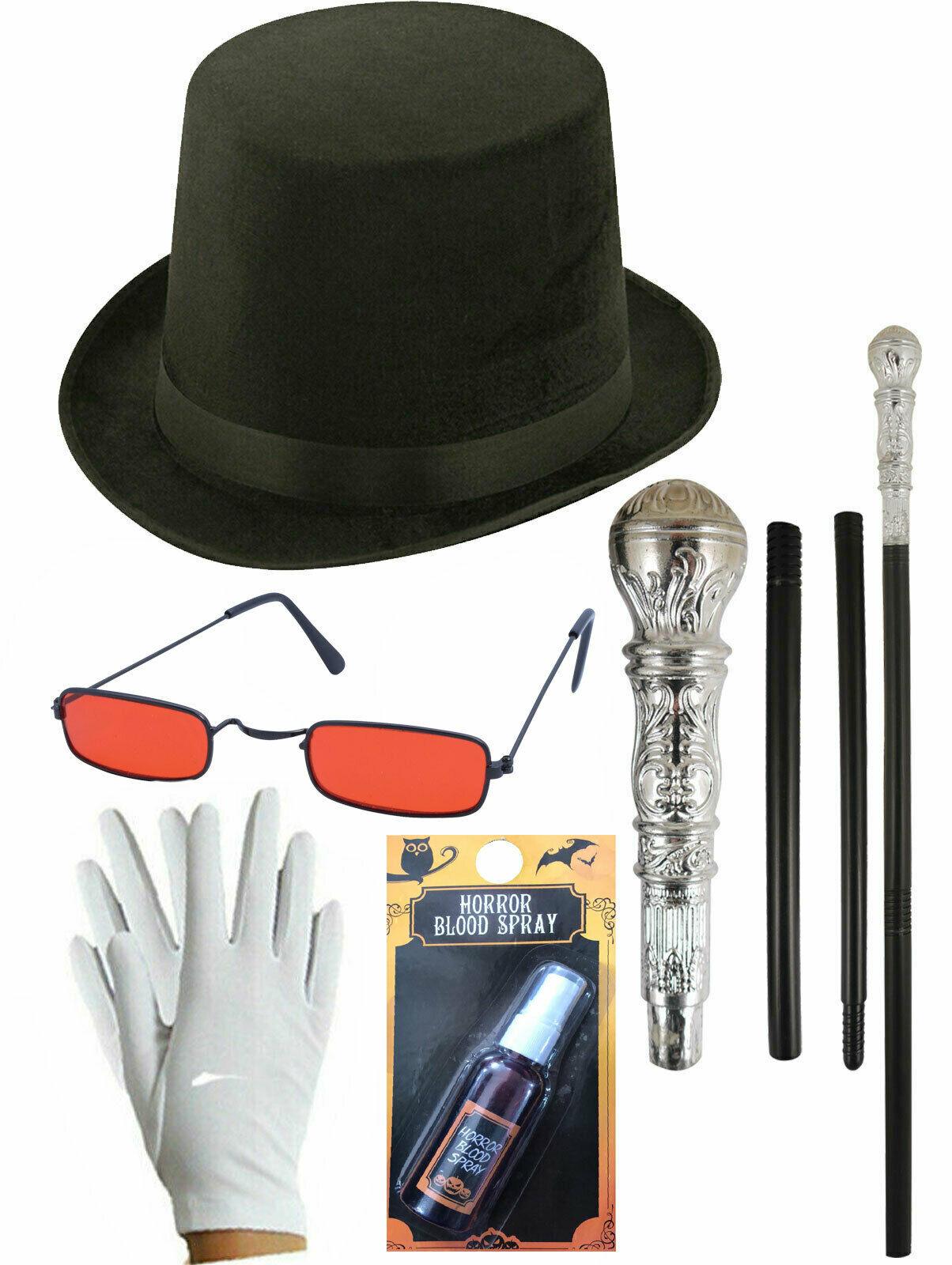 Lincoln Top Hat Glasses Silver Cane Blood Spray Gloves Halloween Dracula Vampire - Labreeze