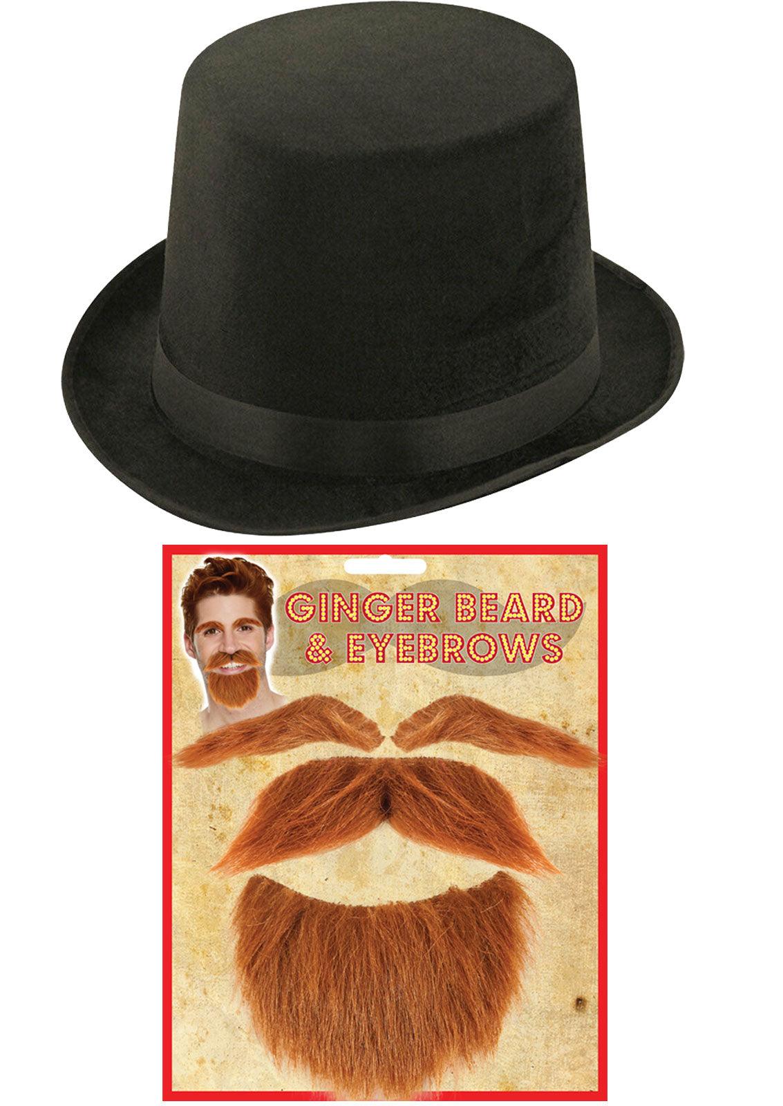 Lincoln Top Hat with Ginger Beard Moustache Eyebrow Burns Night Fancy Dress - Labreeze