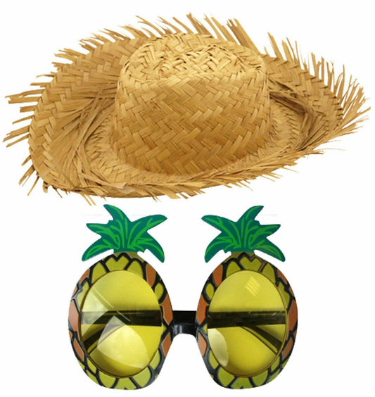 Male Straw Beachcomber Hat Pineapple Glasses Hawaiian Tropical Beach Party Set - Labreeze