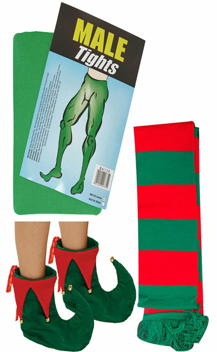 Male Tights Elf Shoe Covers Red Green Striped Scarf Christmas Xmas Fancy Dress - Labreeze