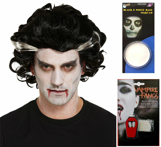 Male Vampire Wig Dracula Fake Fangs Face Paint Halloween Fancy Dress Set - Labreeze