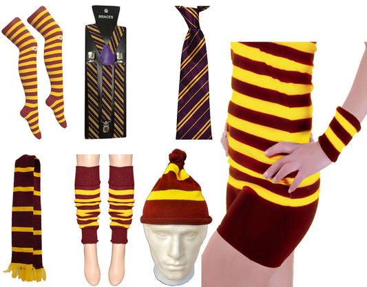 Maroon Yellow Harry Potter Stripped Tie Scarf Wrist Band Hat Fancy Dress - Labreeze