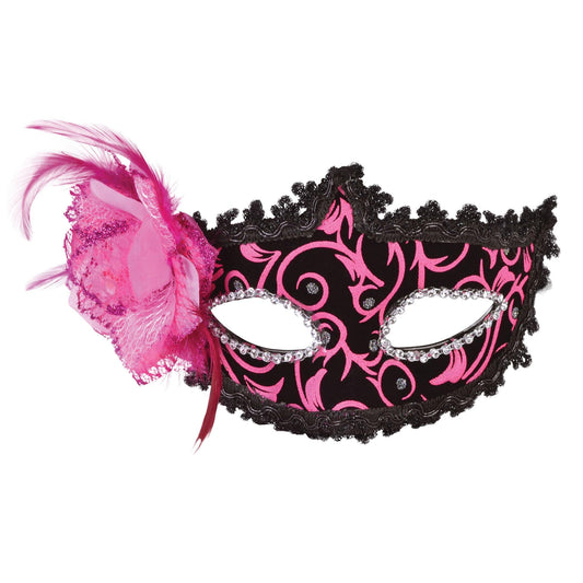 Masquerade Venetian Fancy Party Eyemask With Side Feather Pink/Black - Labreeze