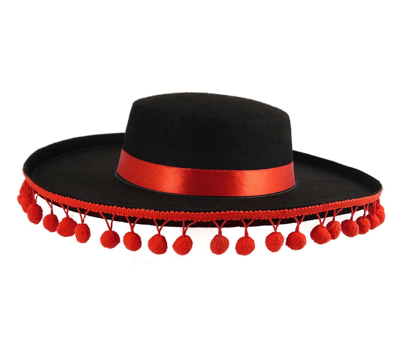 Men Felt Bull Fighter Spanish Hat with Red Bobbles Trim Fancy Outfit - Labreeze