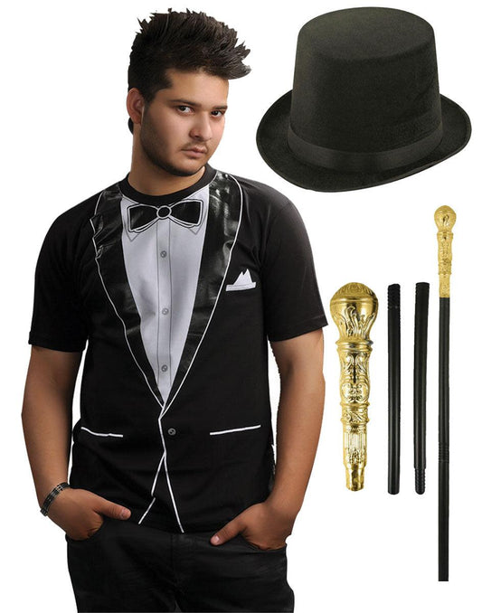 Men’s Boys 1920s Gangster Tuxedo T Shirt Gold Pimp Cane Lincoln Top Hat Fancy Dress Outfit - Labreeze