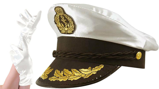 MENS ADULTS MARINE OFFICER WHITE CAPTAIN HAT SATIN SHORT GLOVES FANCY DRESS - Labreeze