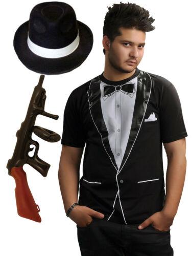Mens Boys 1920s Gangster Tuxedo T Shirt Gun & Hat Fancy Dress Outfit - Labreeze