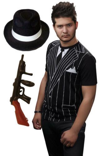 Mens Boys 20’s Gangster Printed T Shirt Gun & Hat Fancy Dress Costume - Labreeze