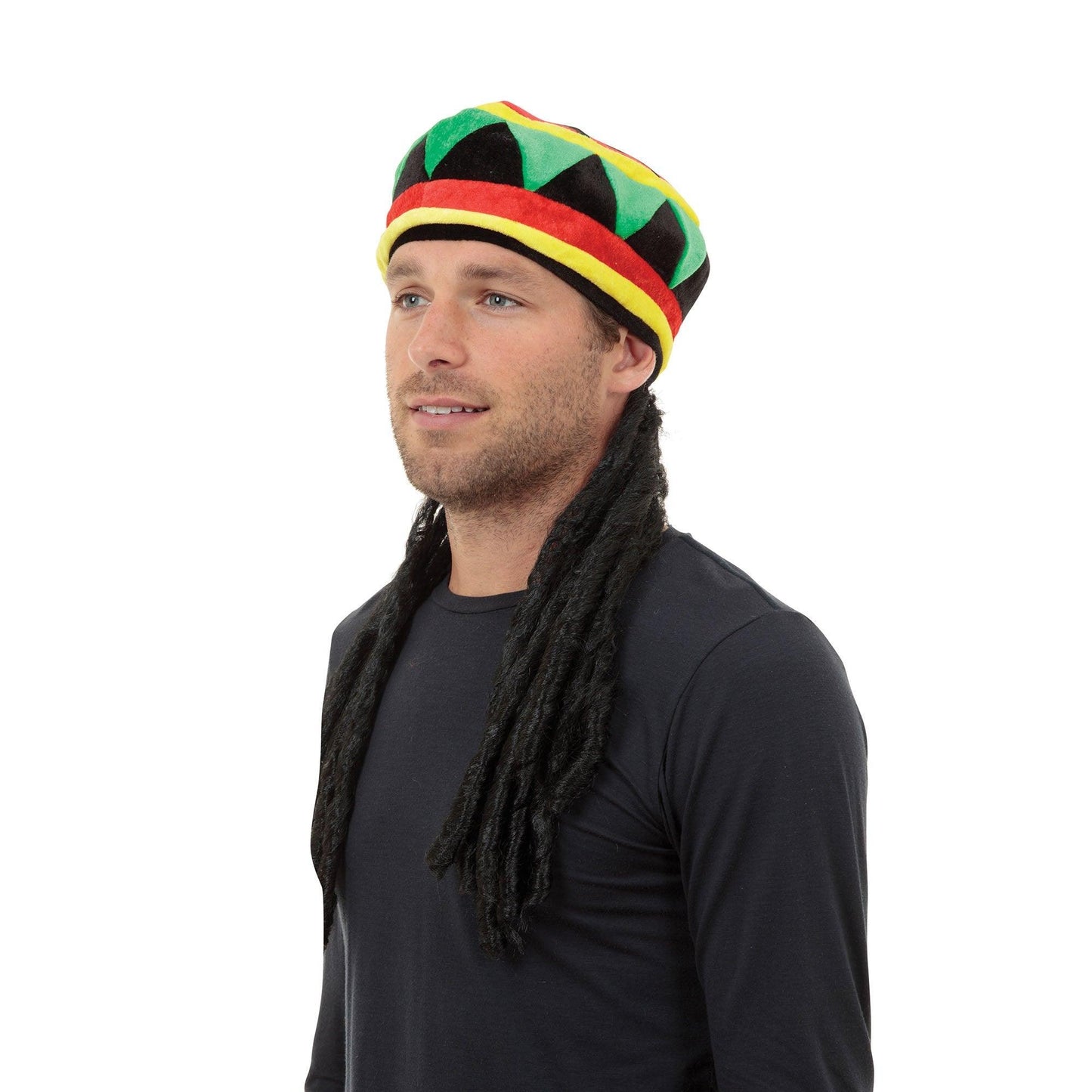Mens Jamaican Rasta Hat with Black Dreadlocks Hair Wig Fancy Dress Costume accessory - Labreeze