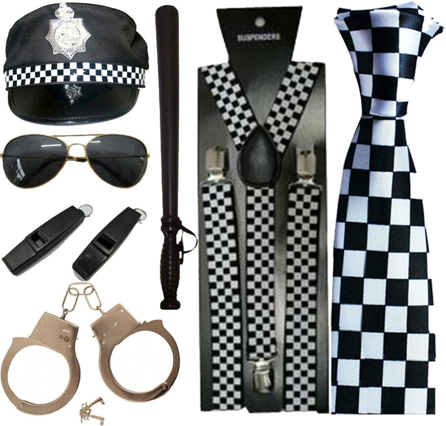 Mens Policemen Hat Braces Sunglasses Checkerd Tie Stag Night Costume Accessories - Labreeze