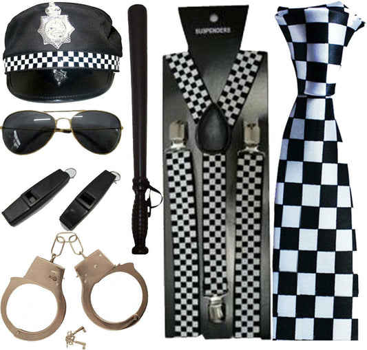 Mens Policemen Hat Braces Sunglasses Checkerd Tie Stag Night Costume Accessories - Labreeze