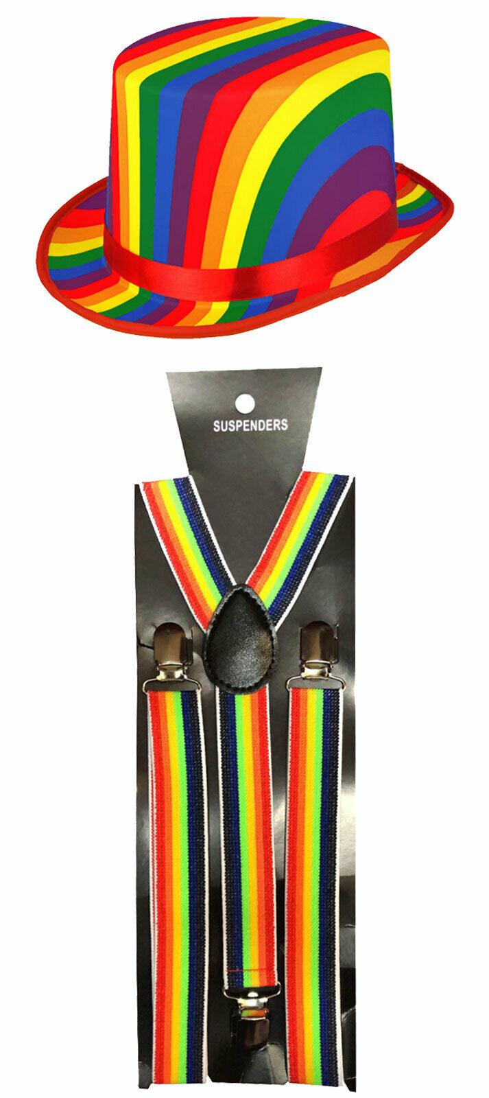 Mens Rainbow Pride Topper Hat Braces Gay Pride Adults Fancy Dress Party Set - Labreeze